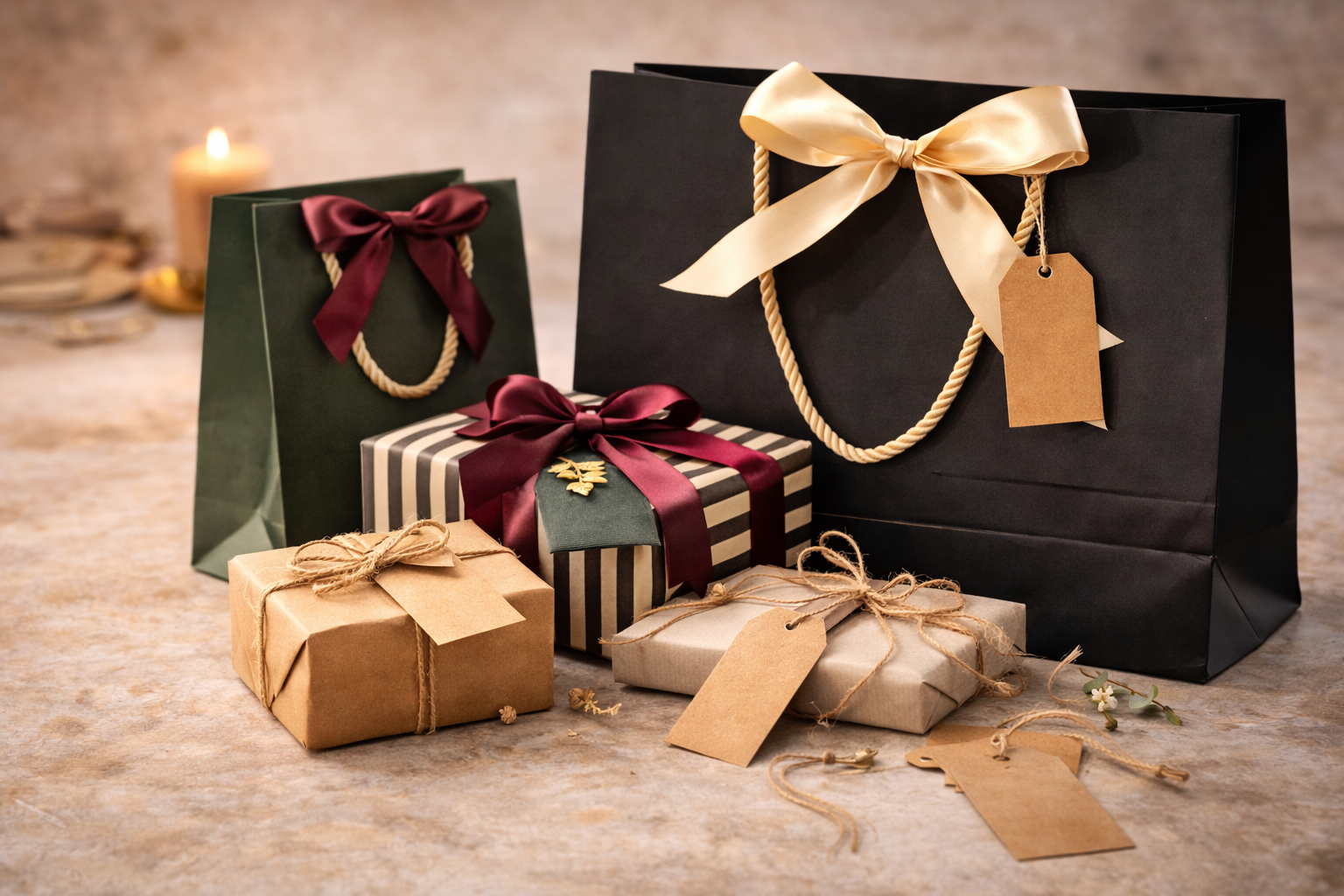 Gift boxes, bags, and tags