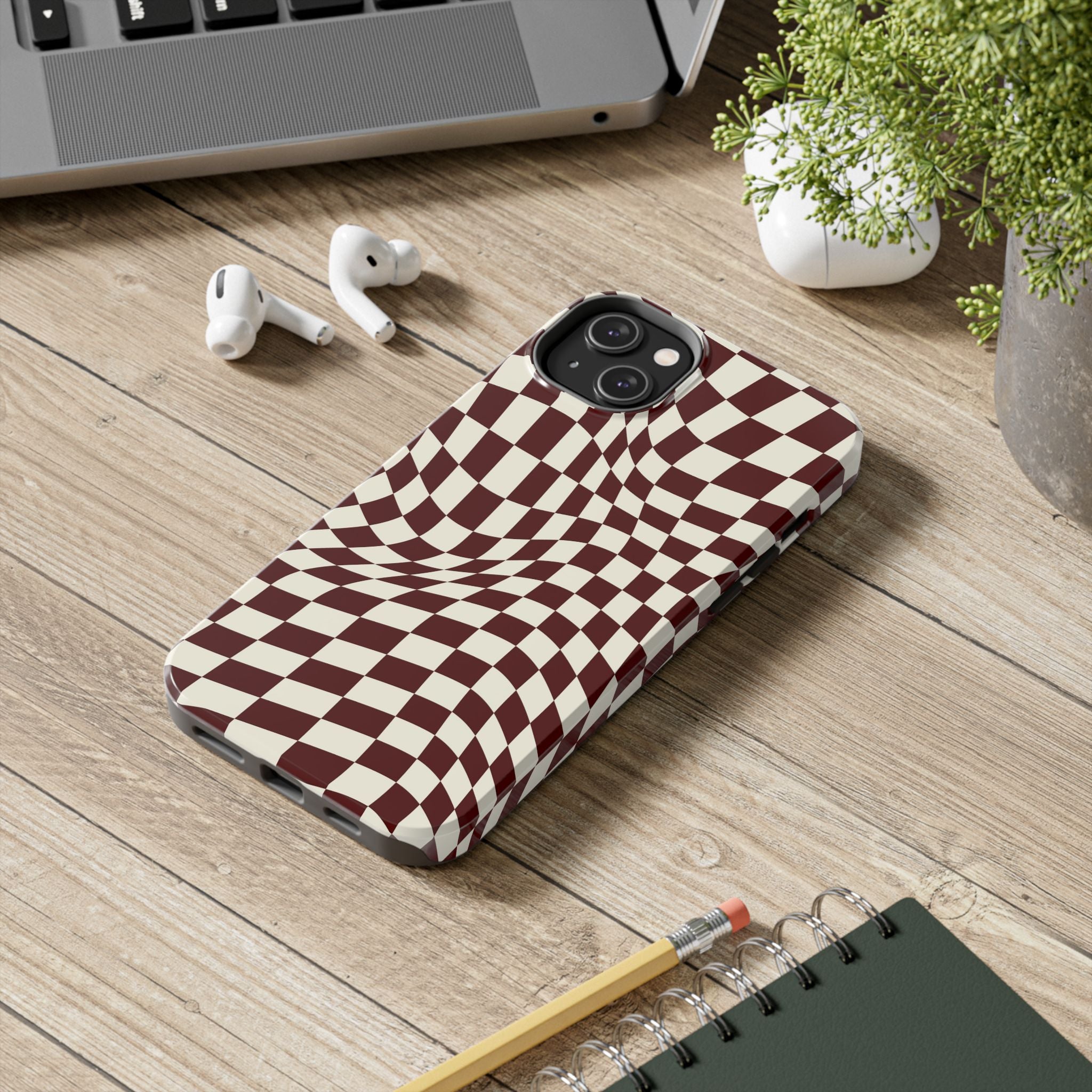 Crimson Warp | Burgundy Distorted Checker Tough  Phone Case