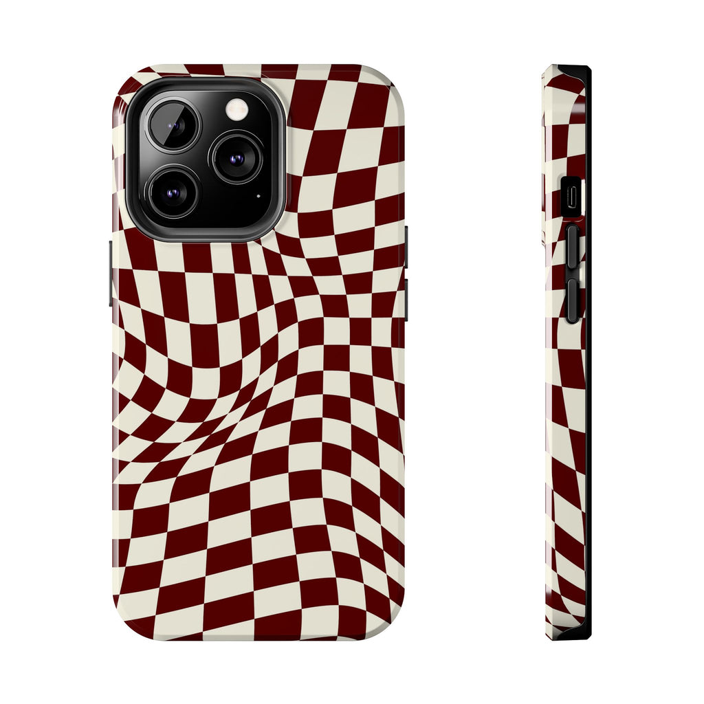 Crimson Warp | Burgundy Distorted Checker Tough  Phone Case