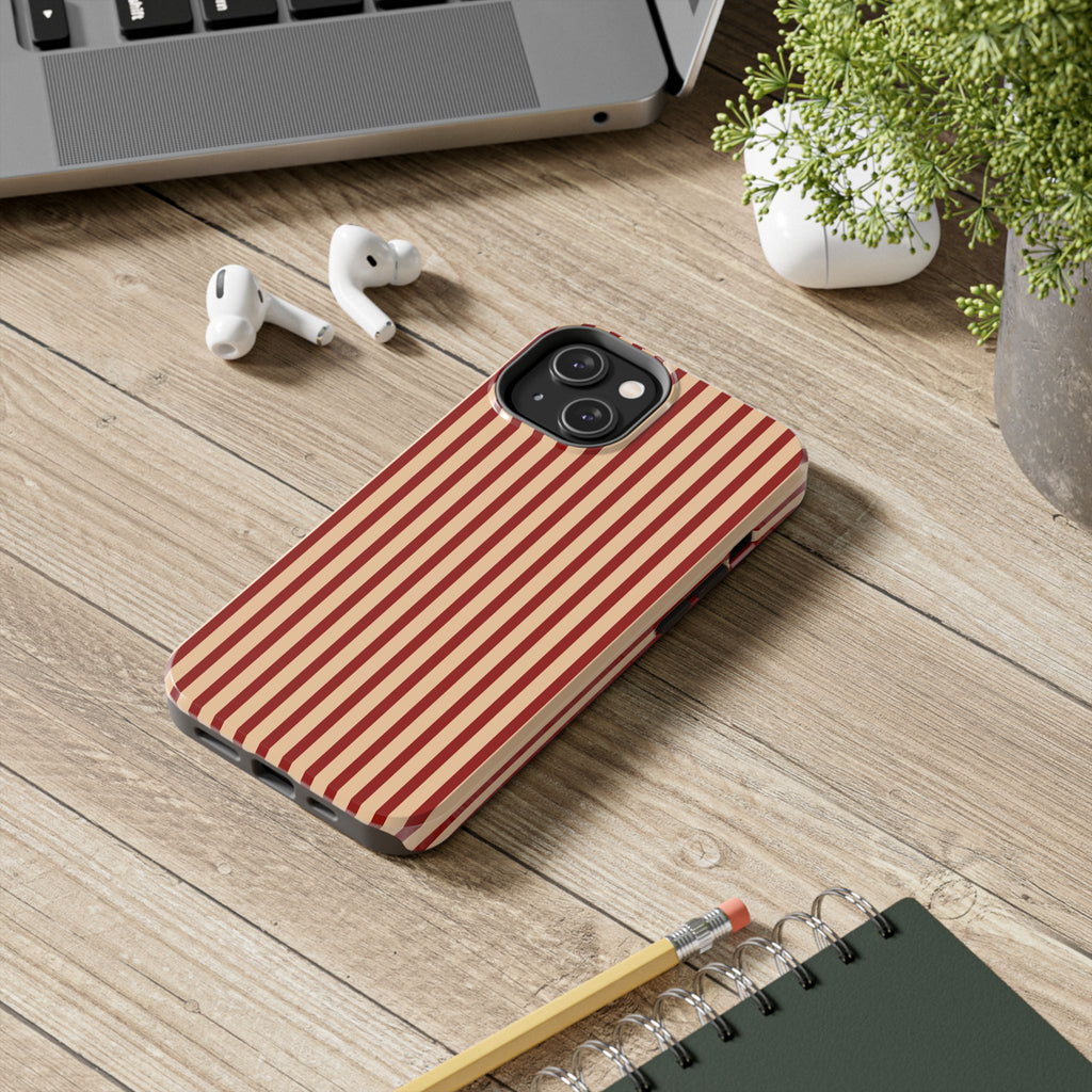 Maroon & Blush Striped Tough Phone Case — Durable Protective iPhone Cover