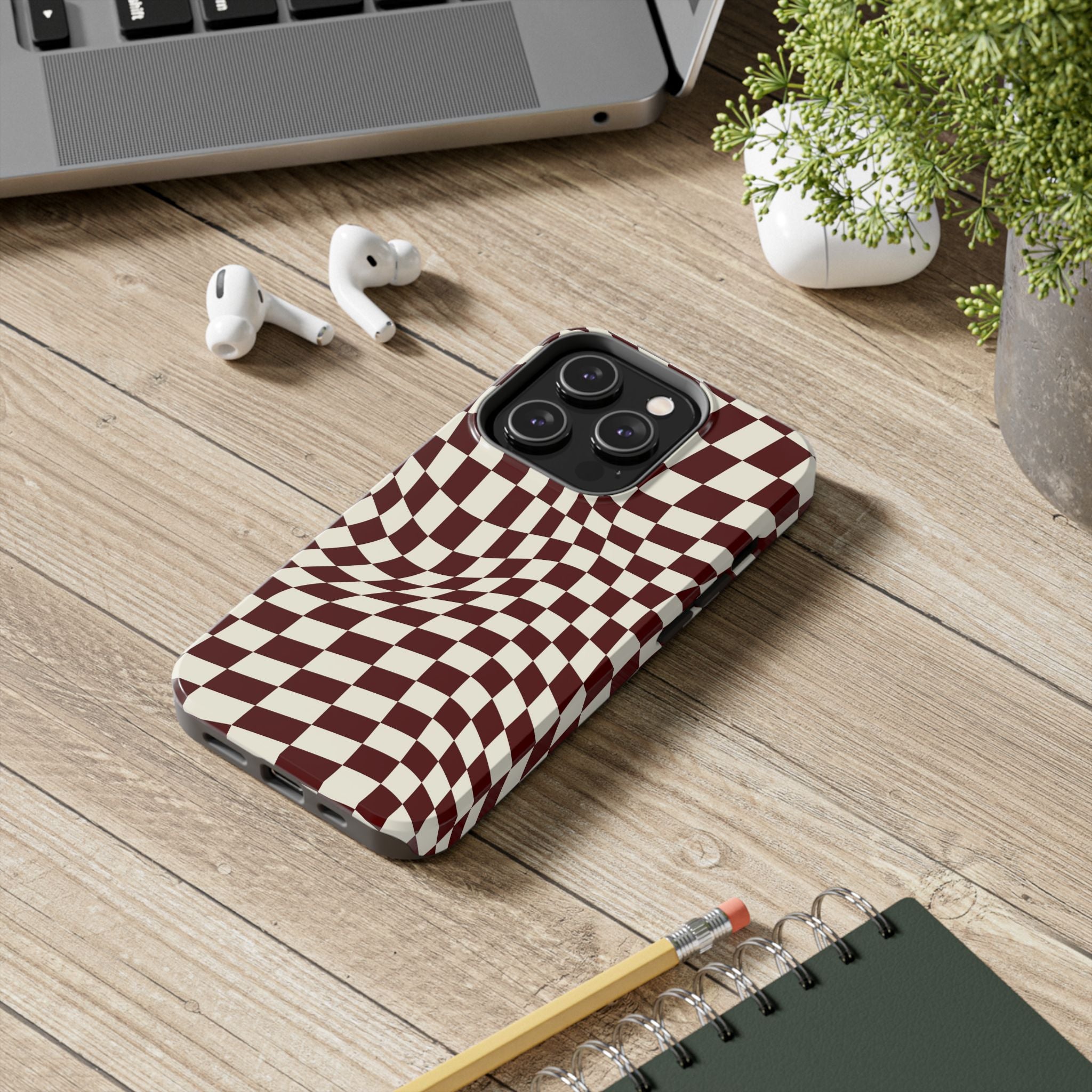 Crimson Warp | Burgundy Distorted Checker Tough  Phone Case