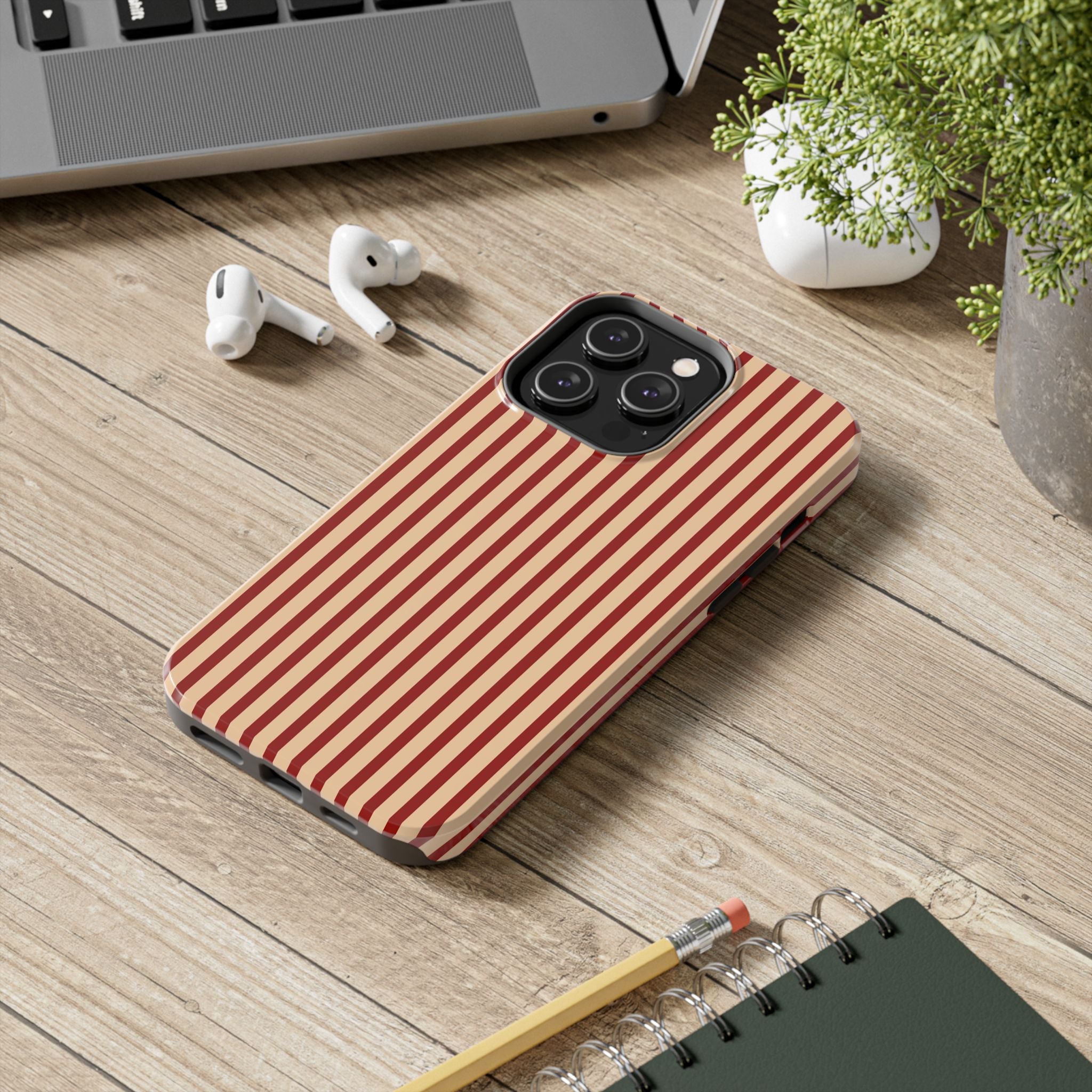 Maroon & Blush Striped Tough Phone Case — Durable Protective iPhone Cover