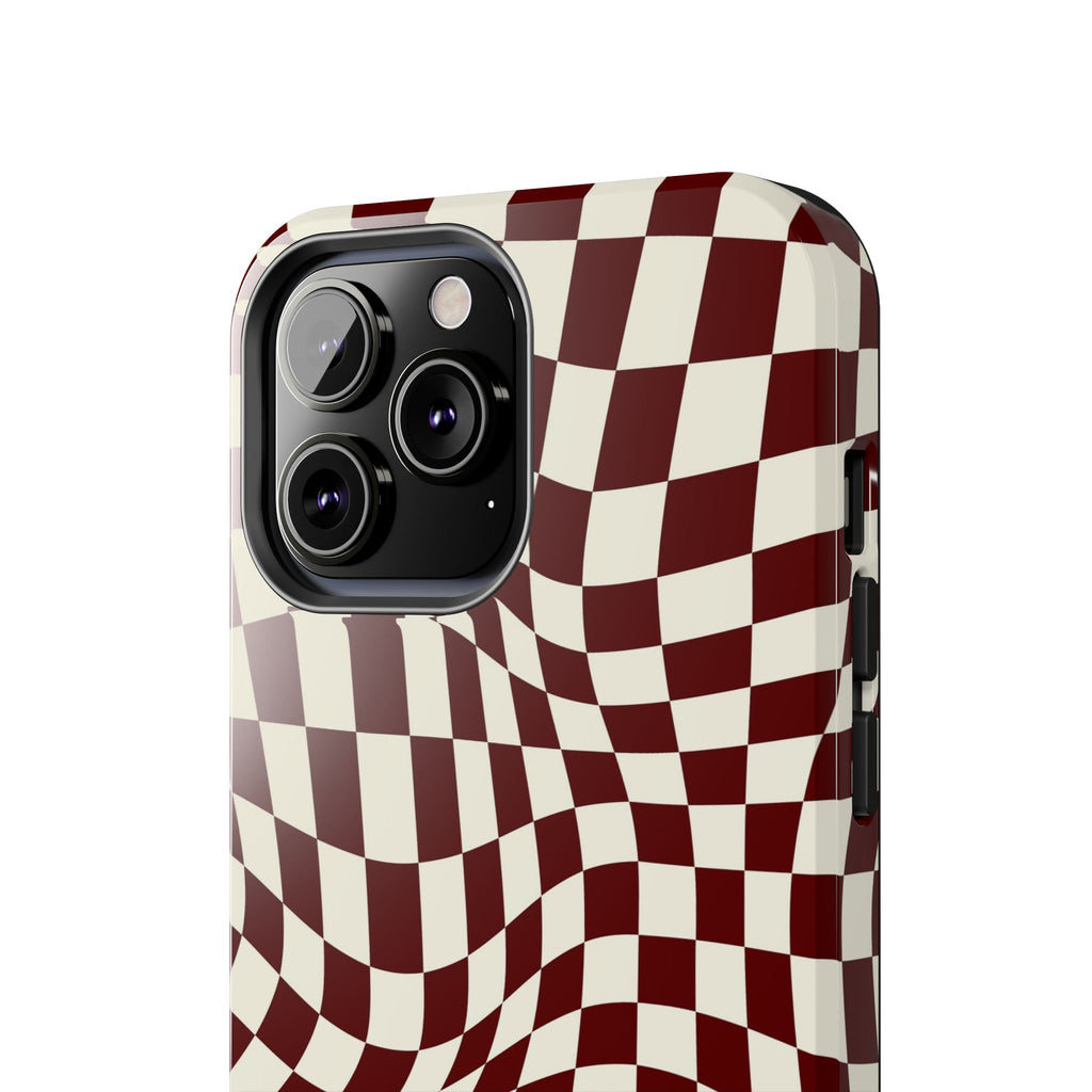 Crimson Warp | Burgundy Distorted Checker Tough  Phone Case