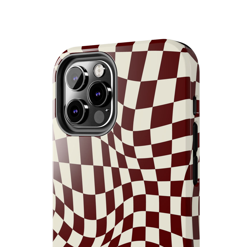 Crimson Warp | Burgundy Distorted Checker Tough  Phone Case