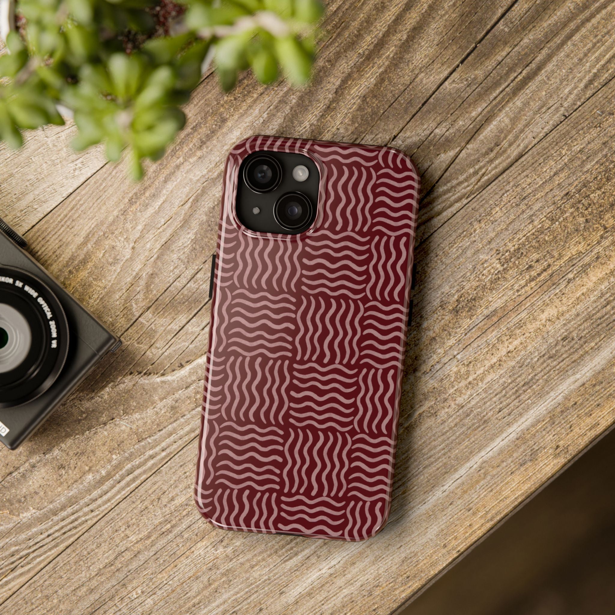 Rhythm & Form | Burgundy Wavy Grid Phone Case