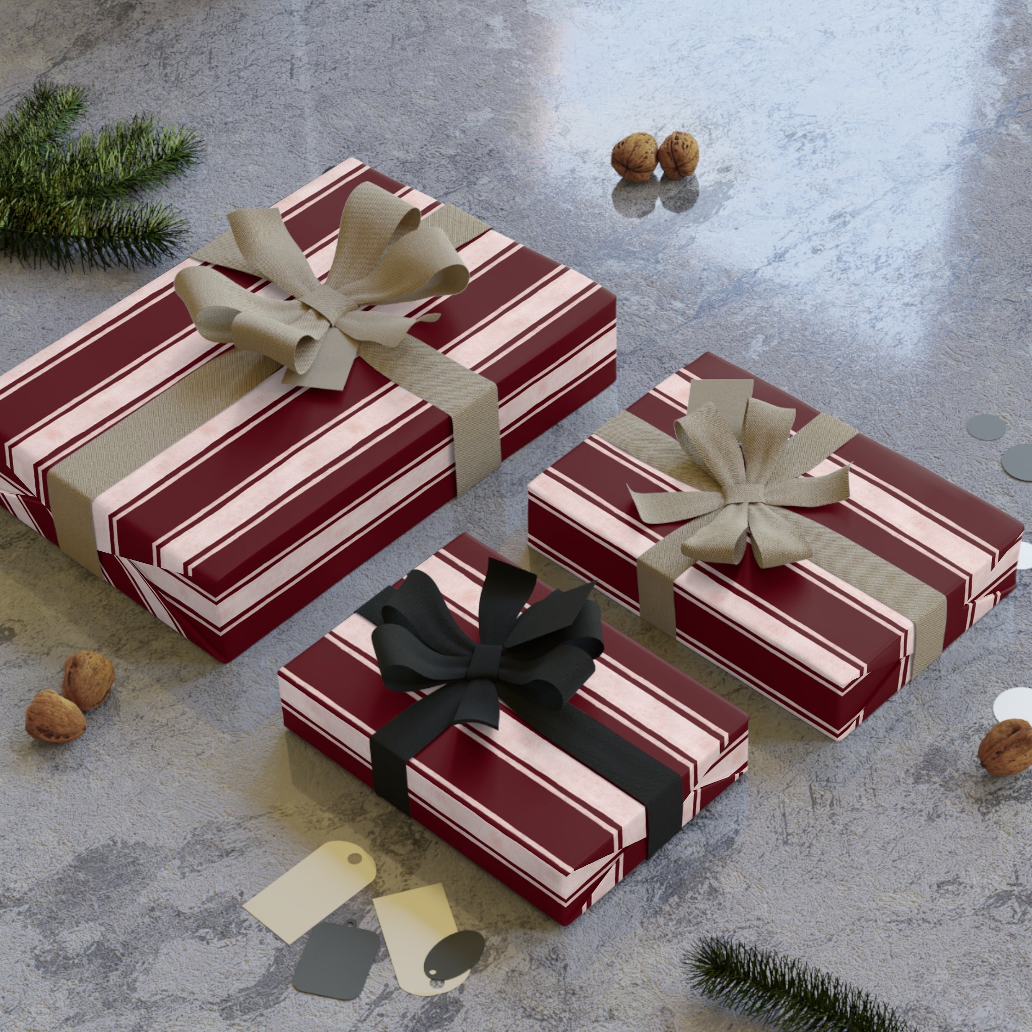 Striped Burgundy Gift Wrap Roll — Classic Vertical Stripe Wrapping Paper for Holidays & Birthdays