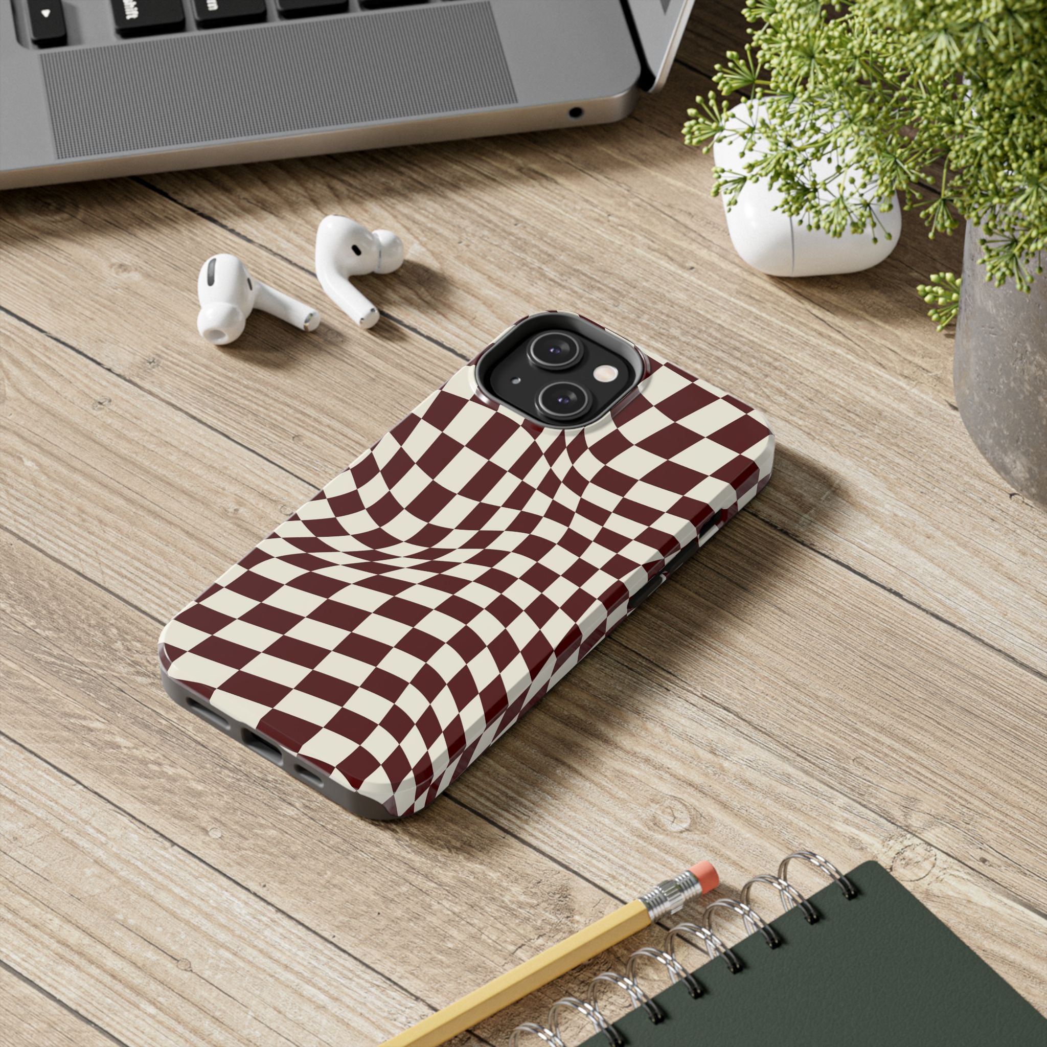 Crimson Warp | Burgundy Distorted Checker Tough  Phone Case