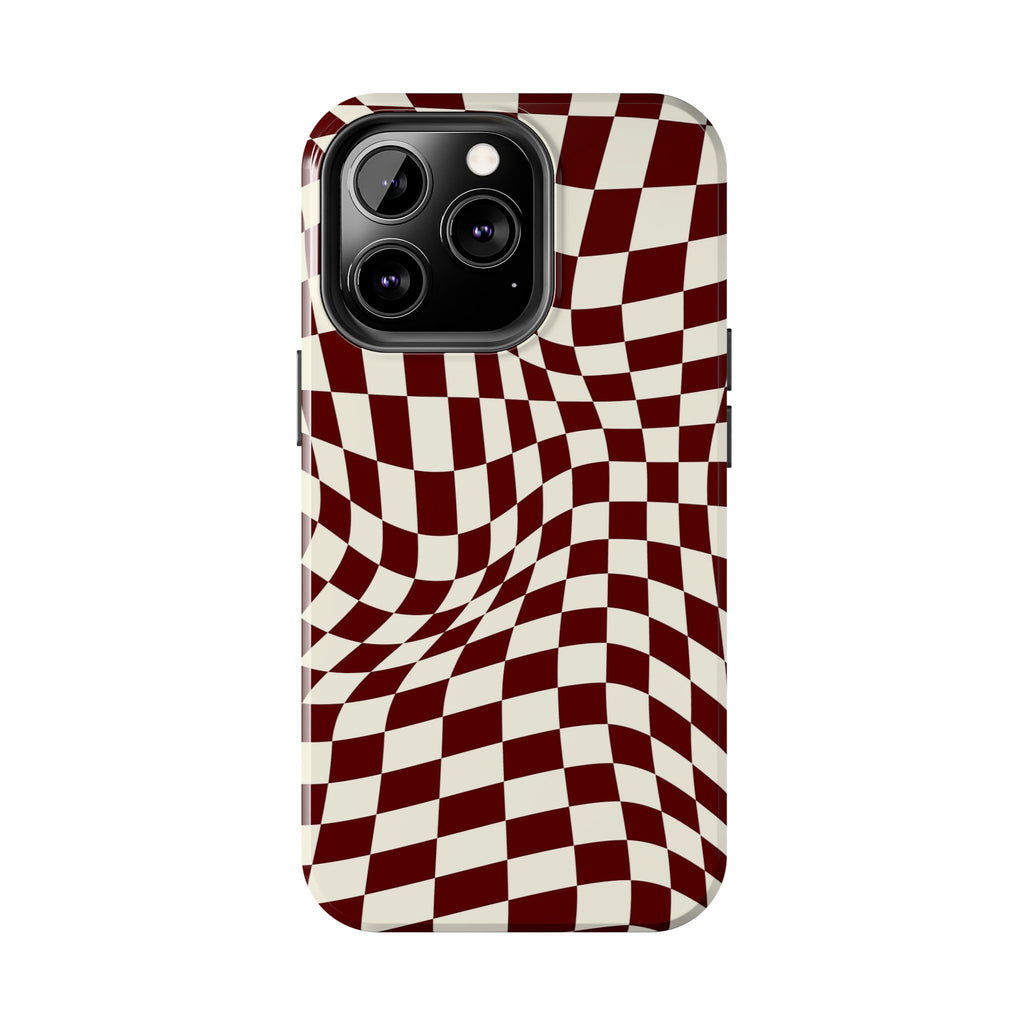 Crimson Warp | Burgundy Distorted Checker Tough  Phone Case