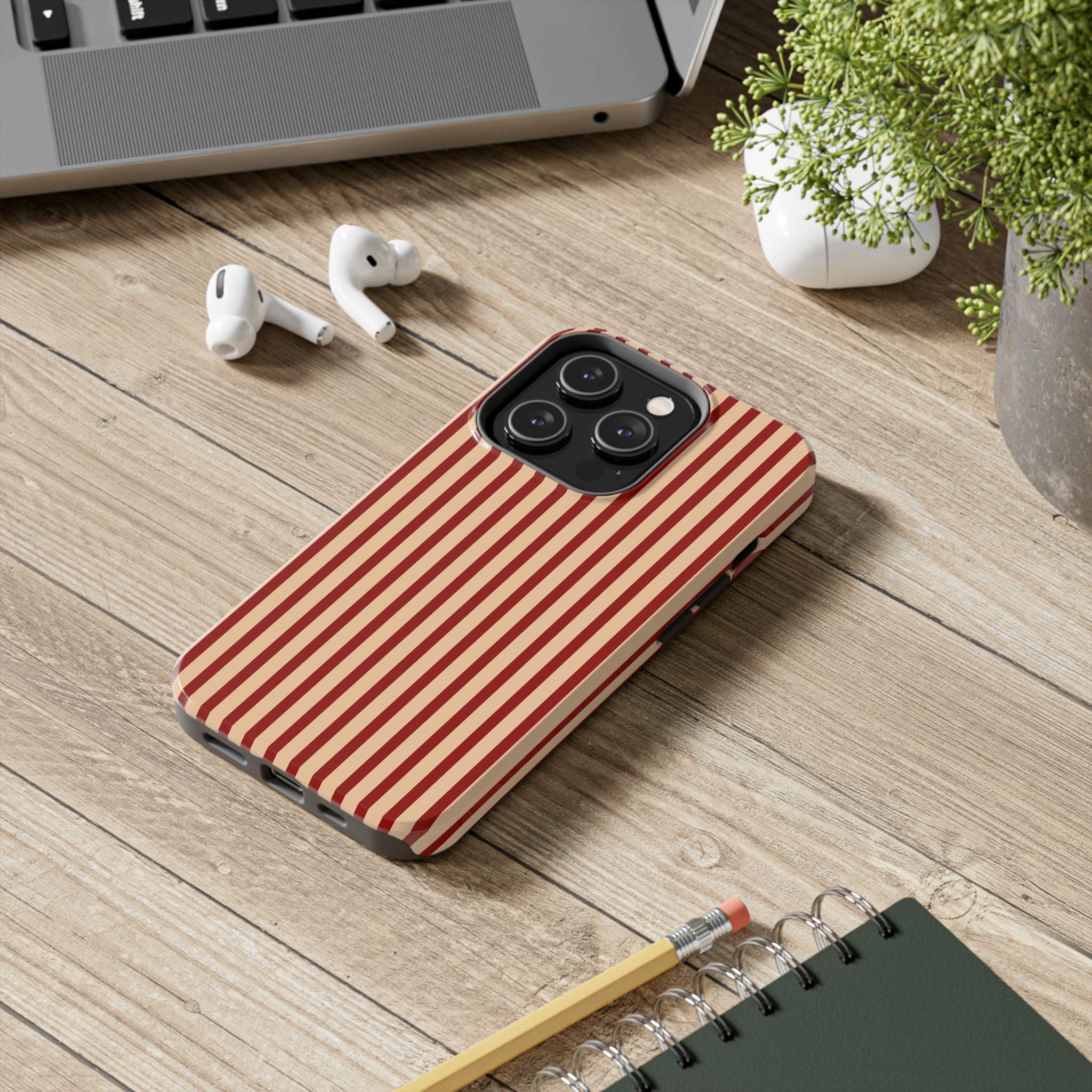 Maroon & Blush Striped Tough Phone Case — Durable Protective iPhone Cover