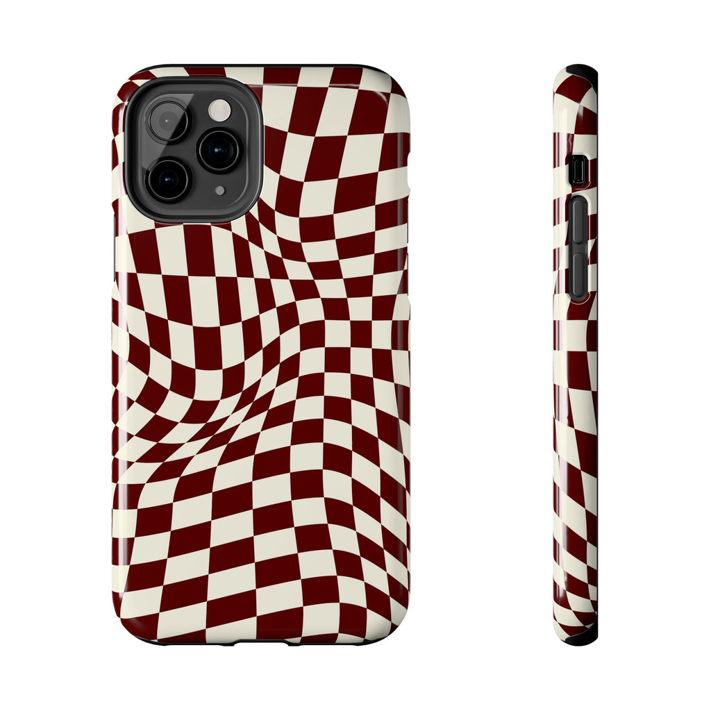 Crimson Warp | Burgundy Distorted Checker Tough  Phone Case