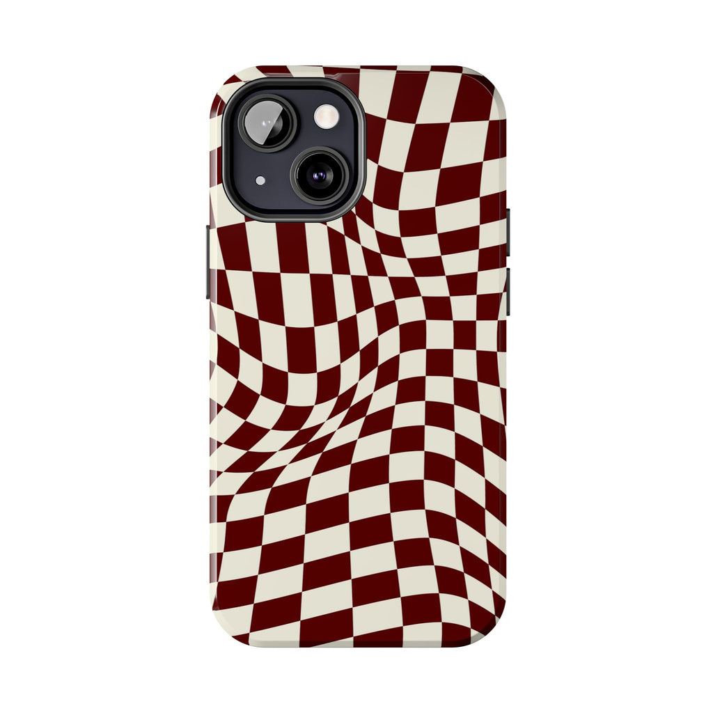Crimson Warp | Burgundy Distorted Checker Tough  Phone Case