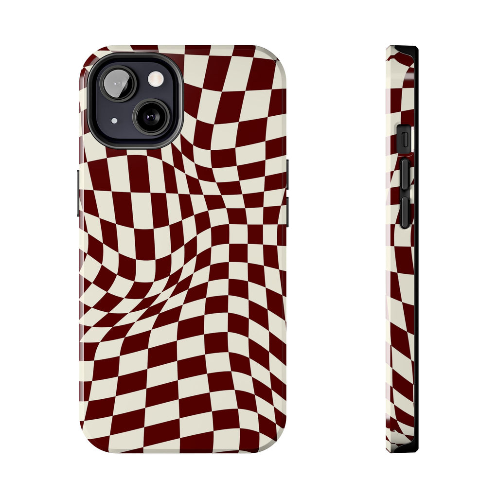 Crimson Warp | Burgundy Distorted Checker Tough  Phone Case