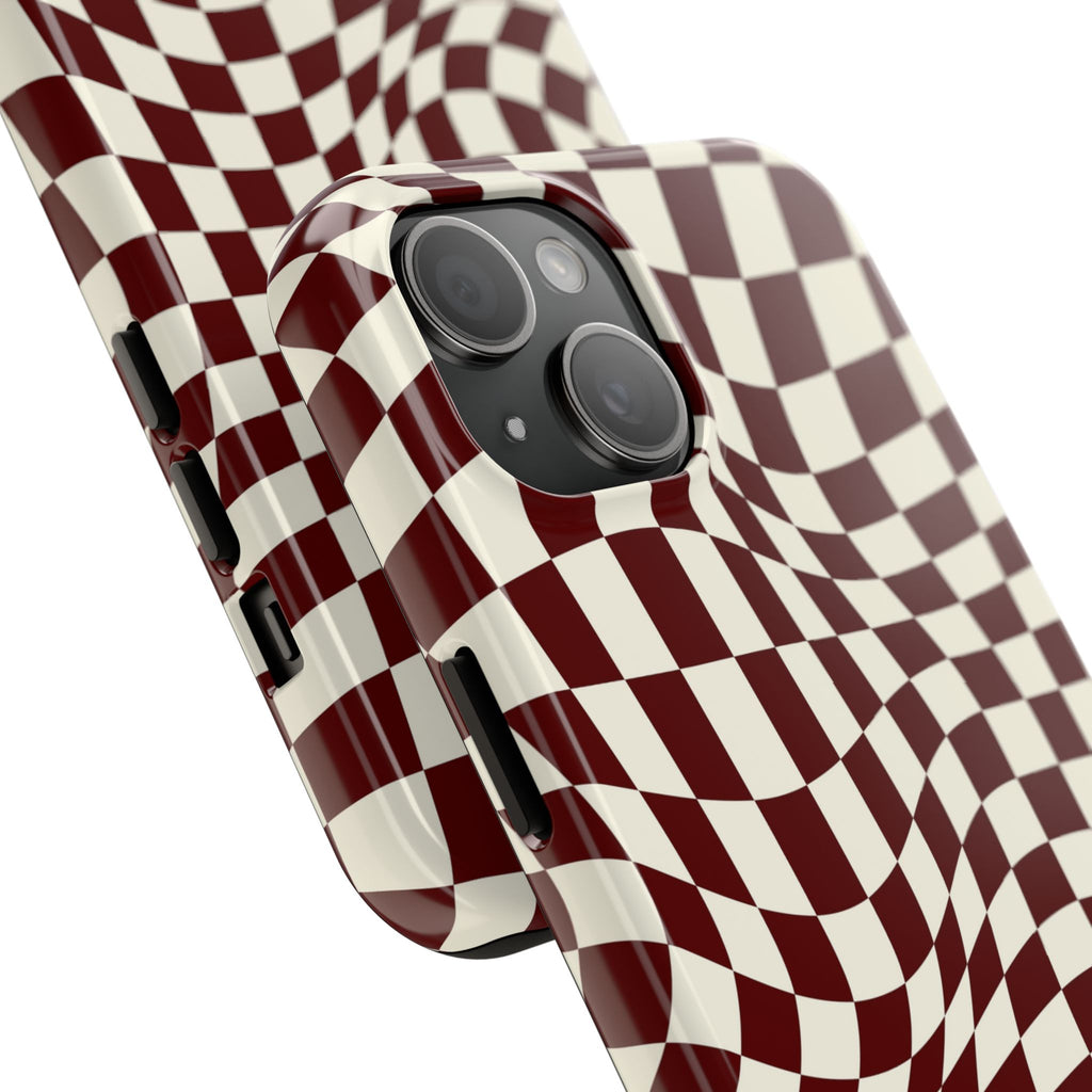 Crimson Warp | Burgundy Distorted Checker Tough  Phone Case