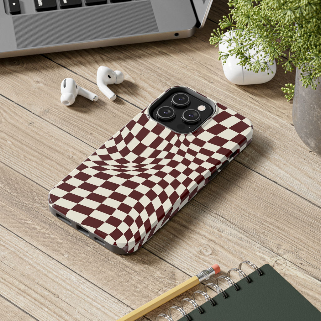 Crimson Warp | Burgundy Distorted Checker Tough  Phone Case