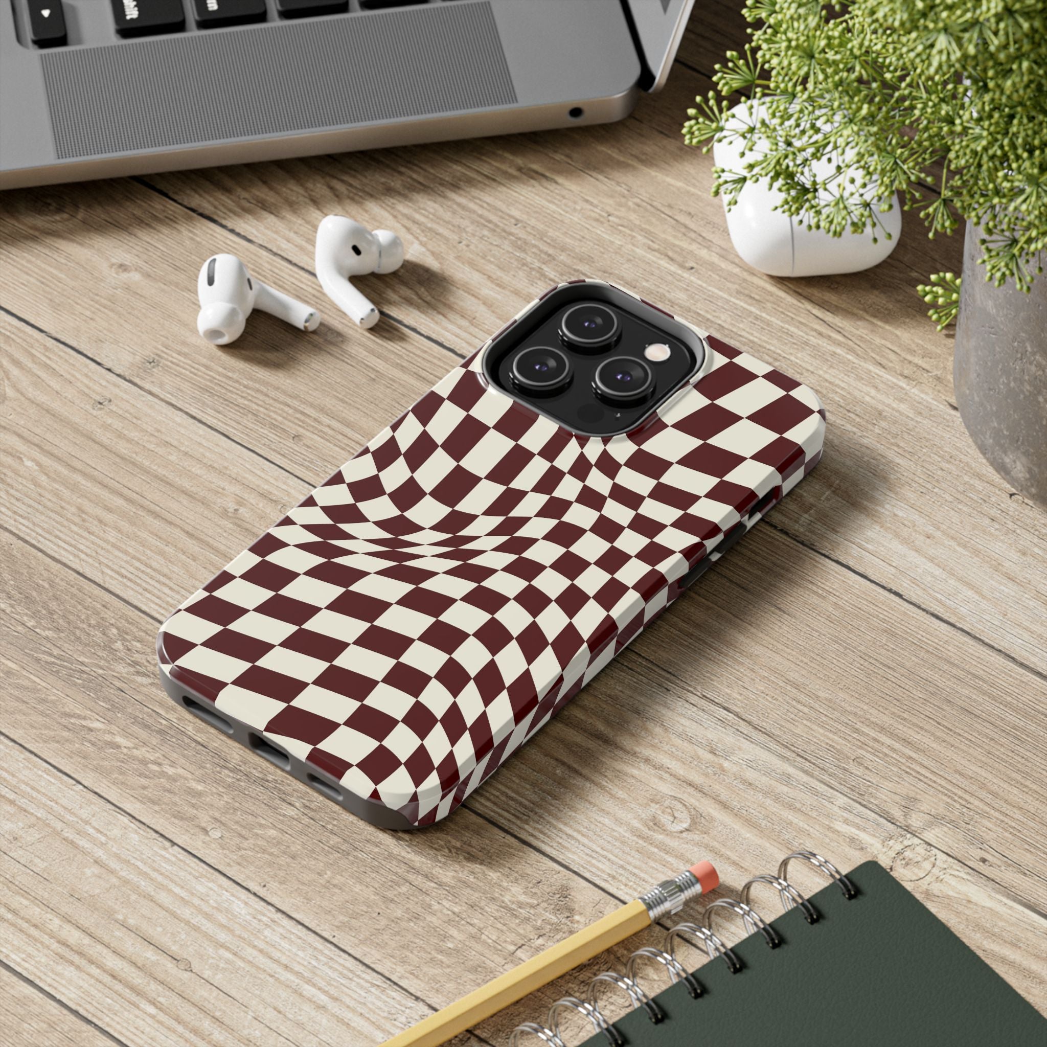 Crimson Warp | Burgundy Distorted Checker Tough  Phone Case