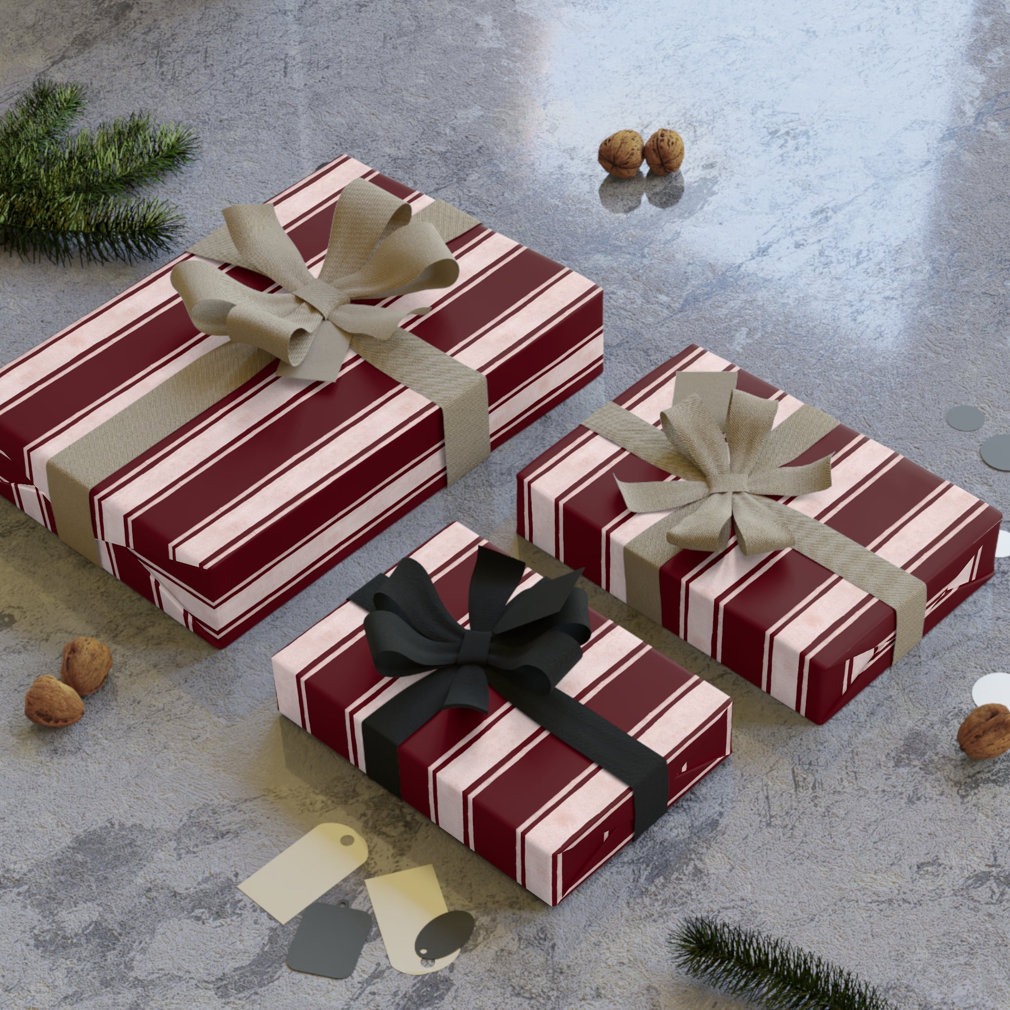 Striped Burgundy Gift Wrap Roll — Classic Vertical Stripe Wrapping Paper for Holidays & Birthdays