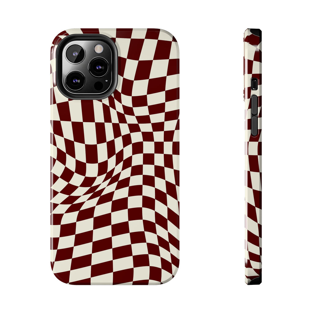 Crimson Warp | Burgundy Distorted Checker Tough  Phone Case